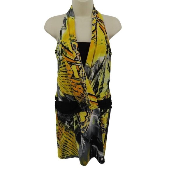 Cache Women Small Yellow Black Butterfly Wing Print Halter Dress Y2K 90s 2000s - Picture 1 of 11